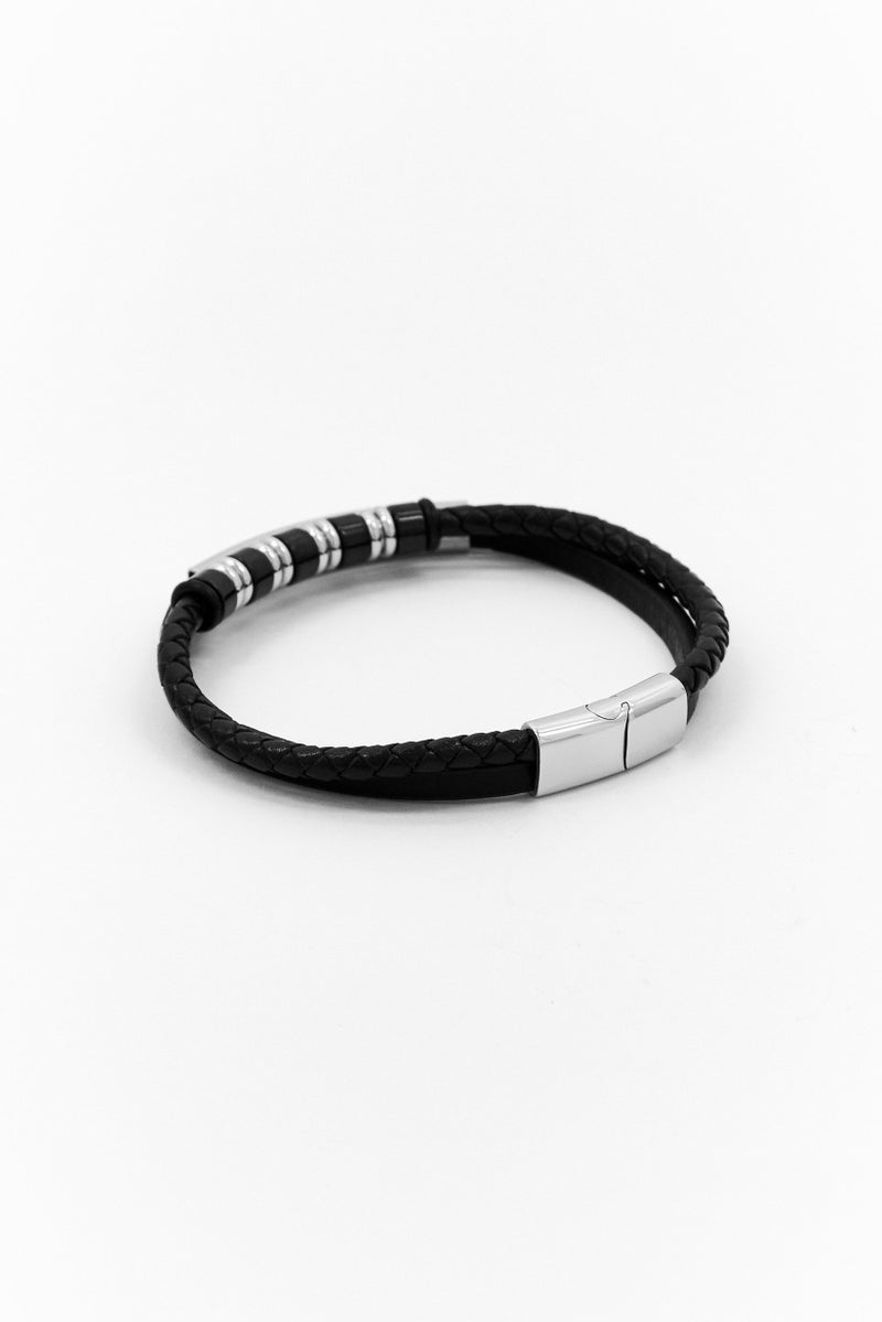 Steeltime Men Braided Leather And Stainless Steel Beads Id Bracelet, Black - Image 2